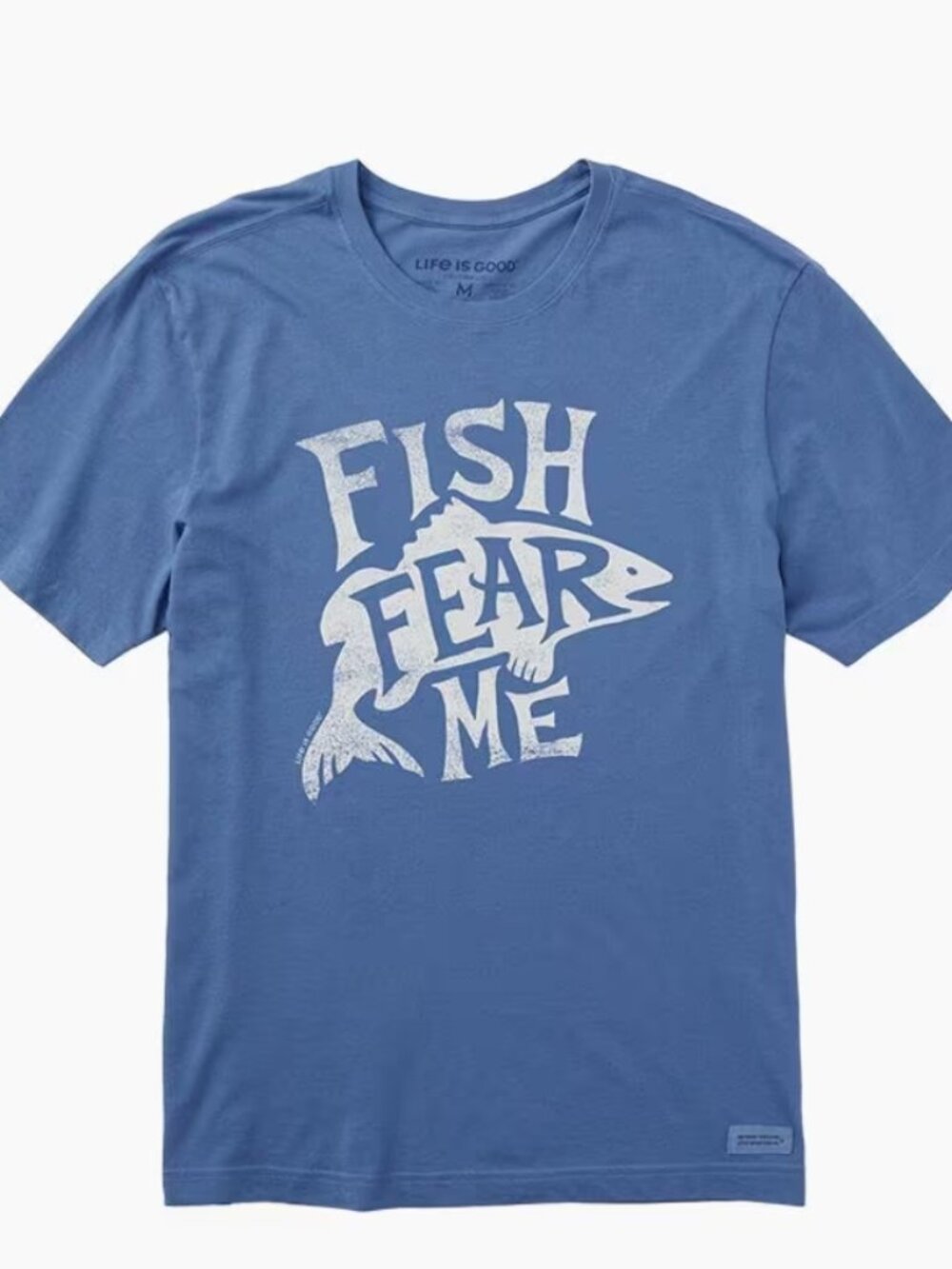 NWT Life is Good Fish Fear Me Graphic Tee Men's M Blue Outdoor Fisherman Shirt